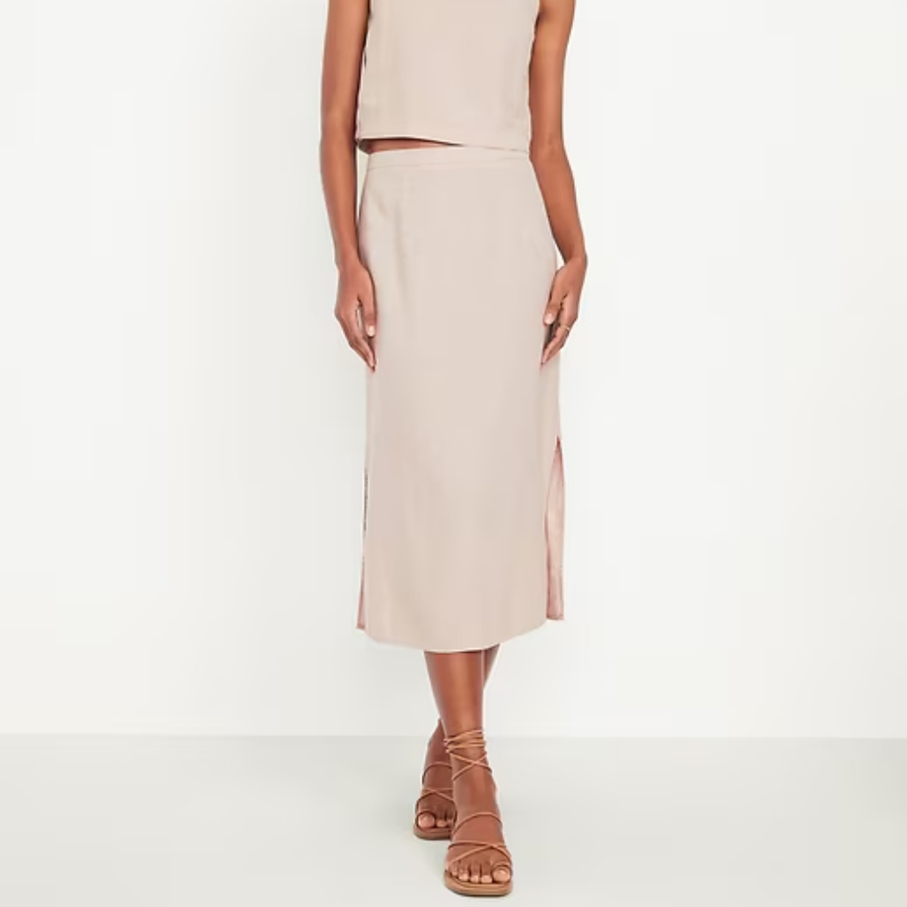 Mid-rise linen blend midi skirt